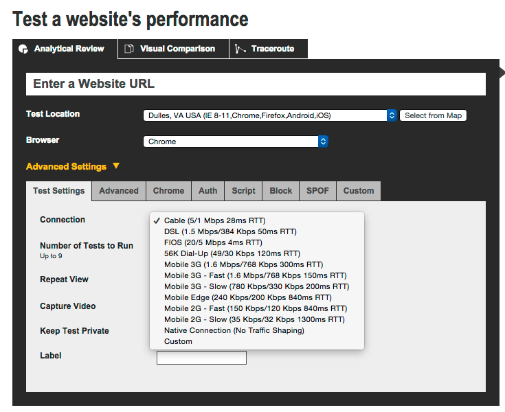 webpagetest-connection-throttling